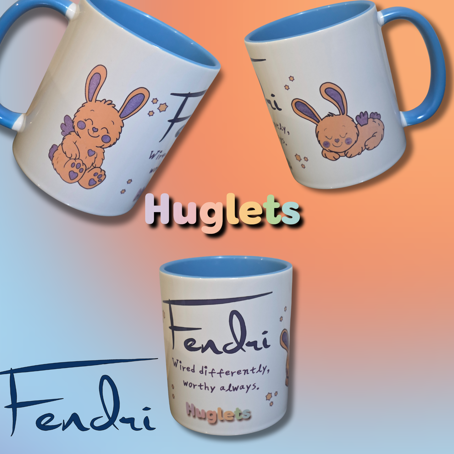 Two mugs with a cartoon bunny design and Huglets branding on an orange and blue gradient background. fendri is the character which is orange and blue