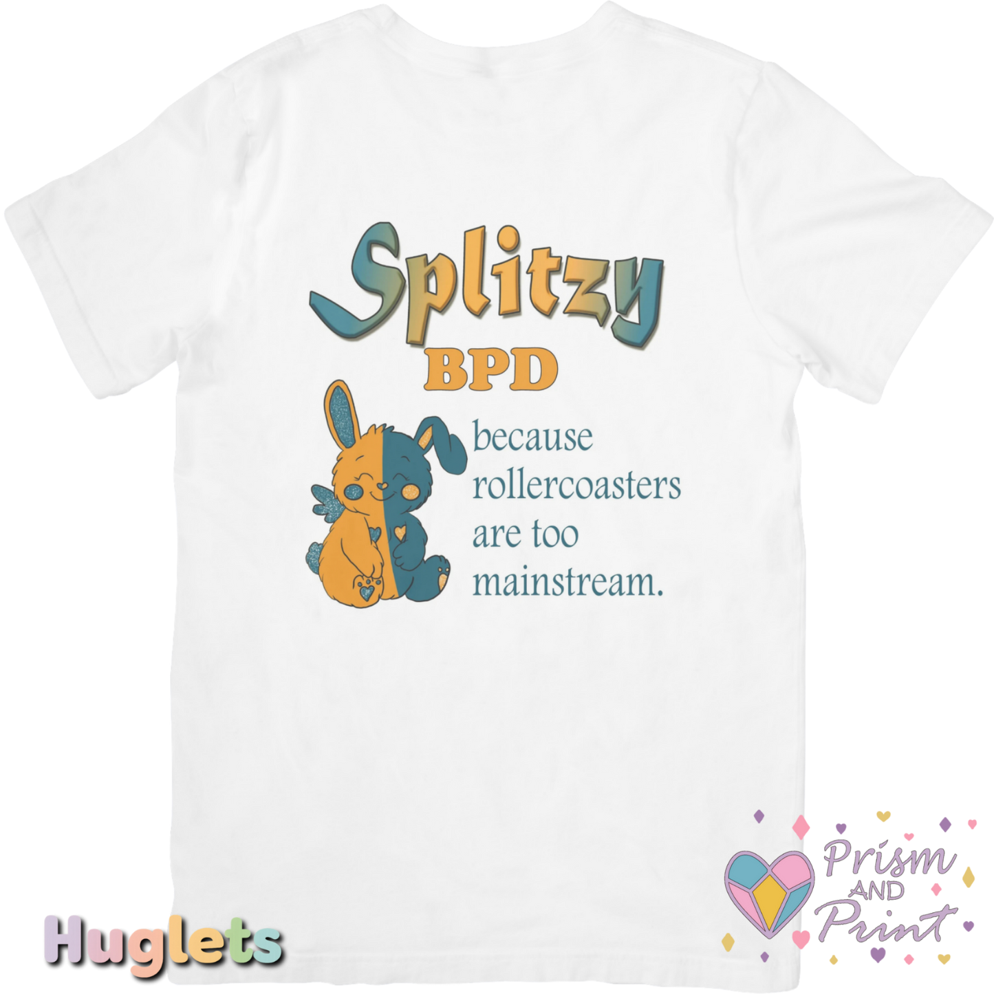 White t-shirt with colorful graphic and text on a white background