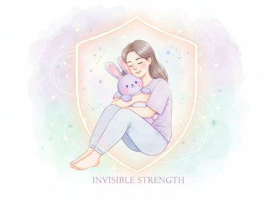 girl with brown hair hugging a purple plush looking comforted pastel backgrounds