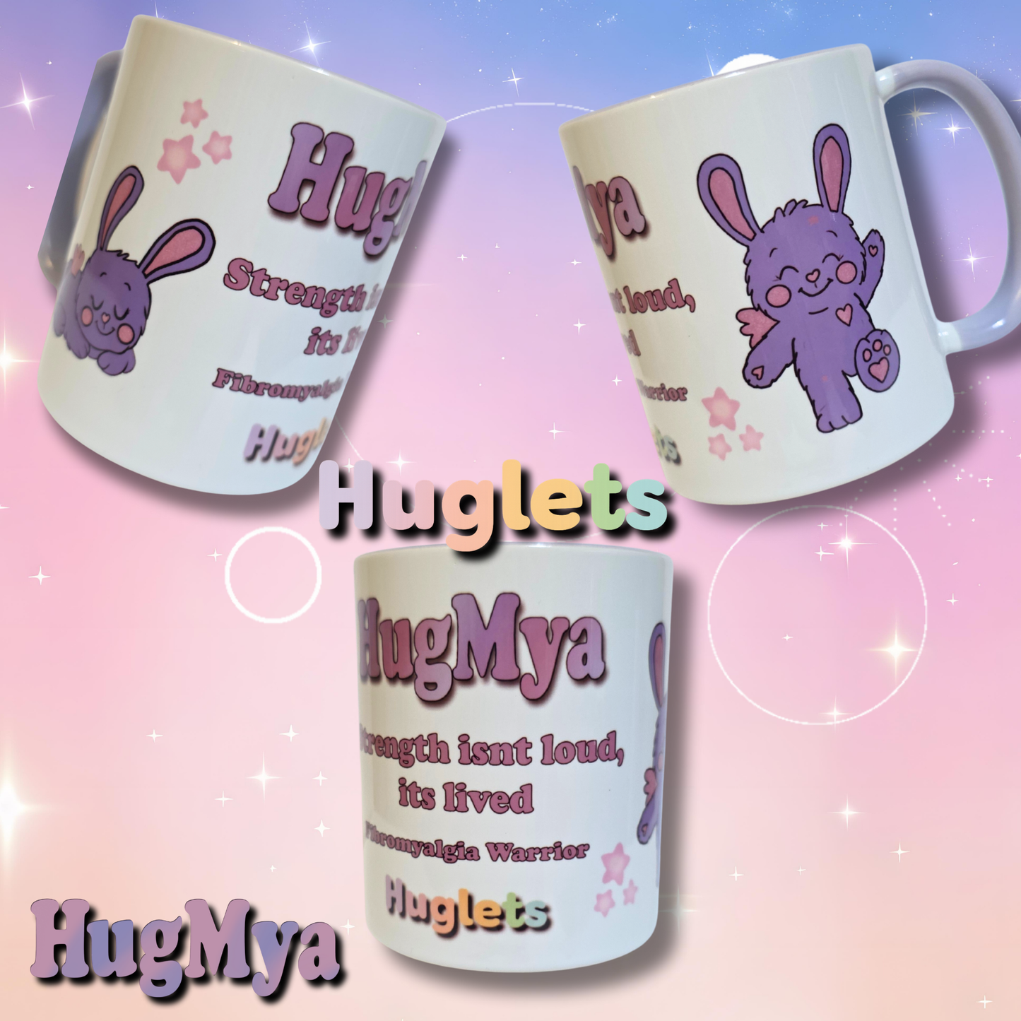 Three mugs with cartoon rabbit design and 'HugMya' branding on a pastel gradient background.