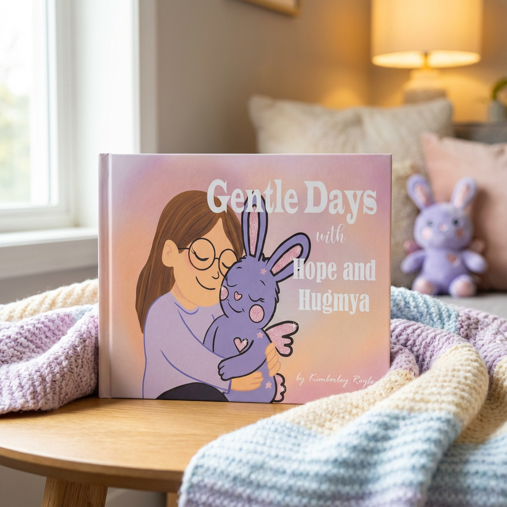 Book titled 'Gentle Days with Hope and Hugmya' on a table with a cozy background
