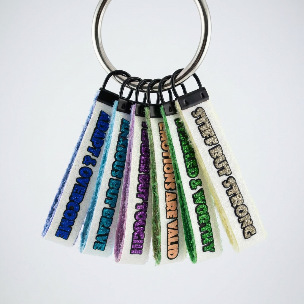Keychain with colorful straws displaying motivational phrases on a white background