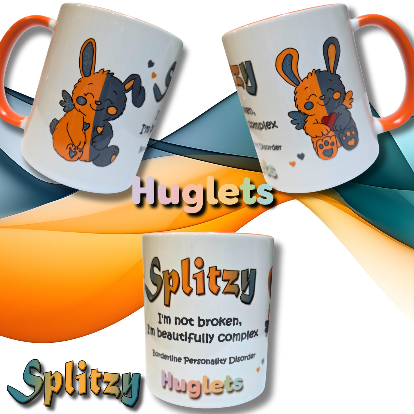 Two mugs with cartoon characters and text, featuring the brand 'Splitzy' and 'Huglets'.