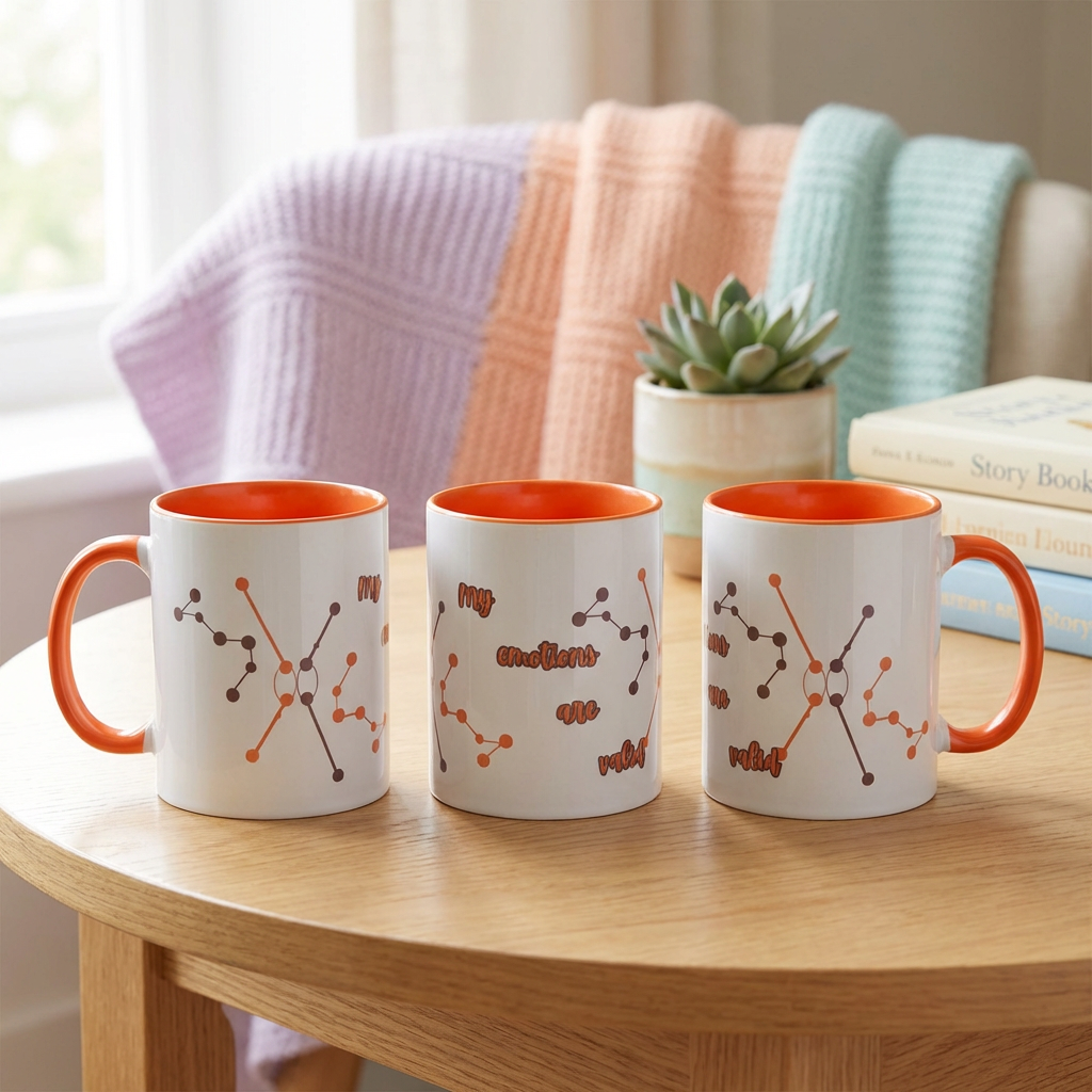 Three white mugs with orange interiors and handles on a wooden table, featuring molecular designs.