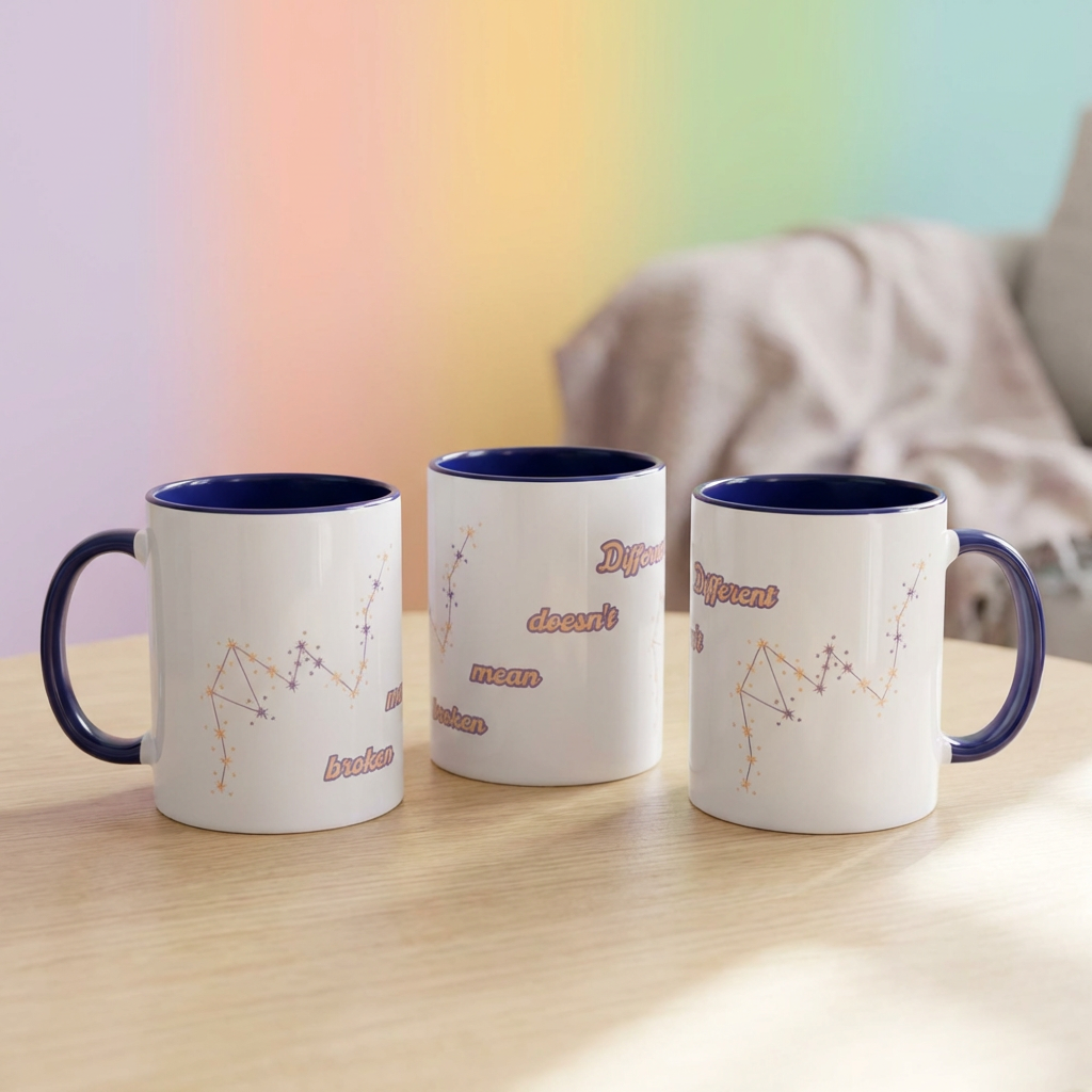 Three mugs with constellation designs on a wooden surface with a colorful background.