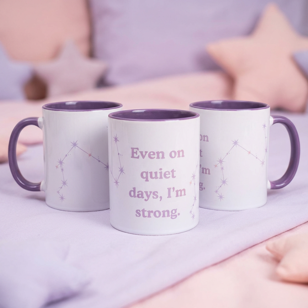 Three mugs with constellations and motivational phrases on a soft surface.