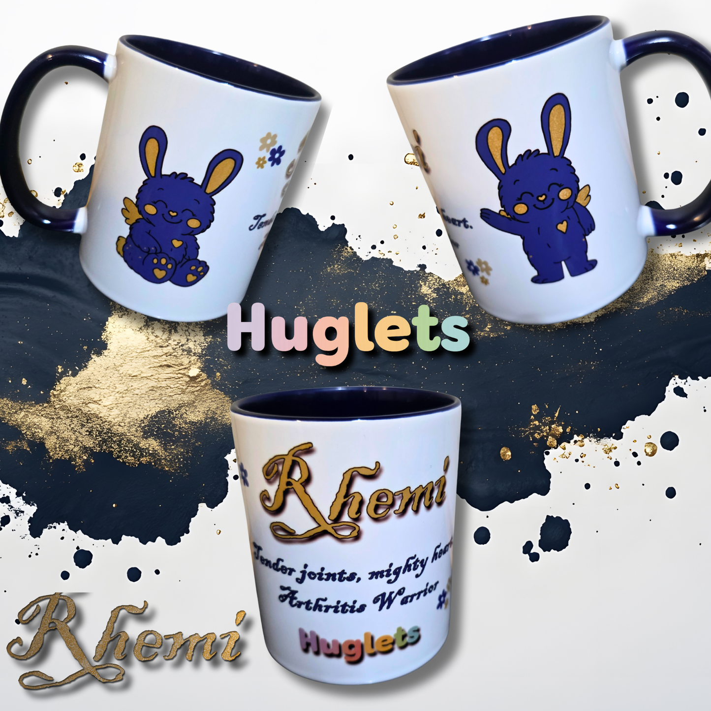 Three mugs with cartoon character and text on a dark background with gold accents, featuring the brand 'Huglets'.