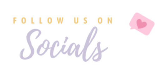 Text 'Follow us on Socials' with a pink heart icon on a white background