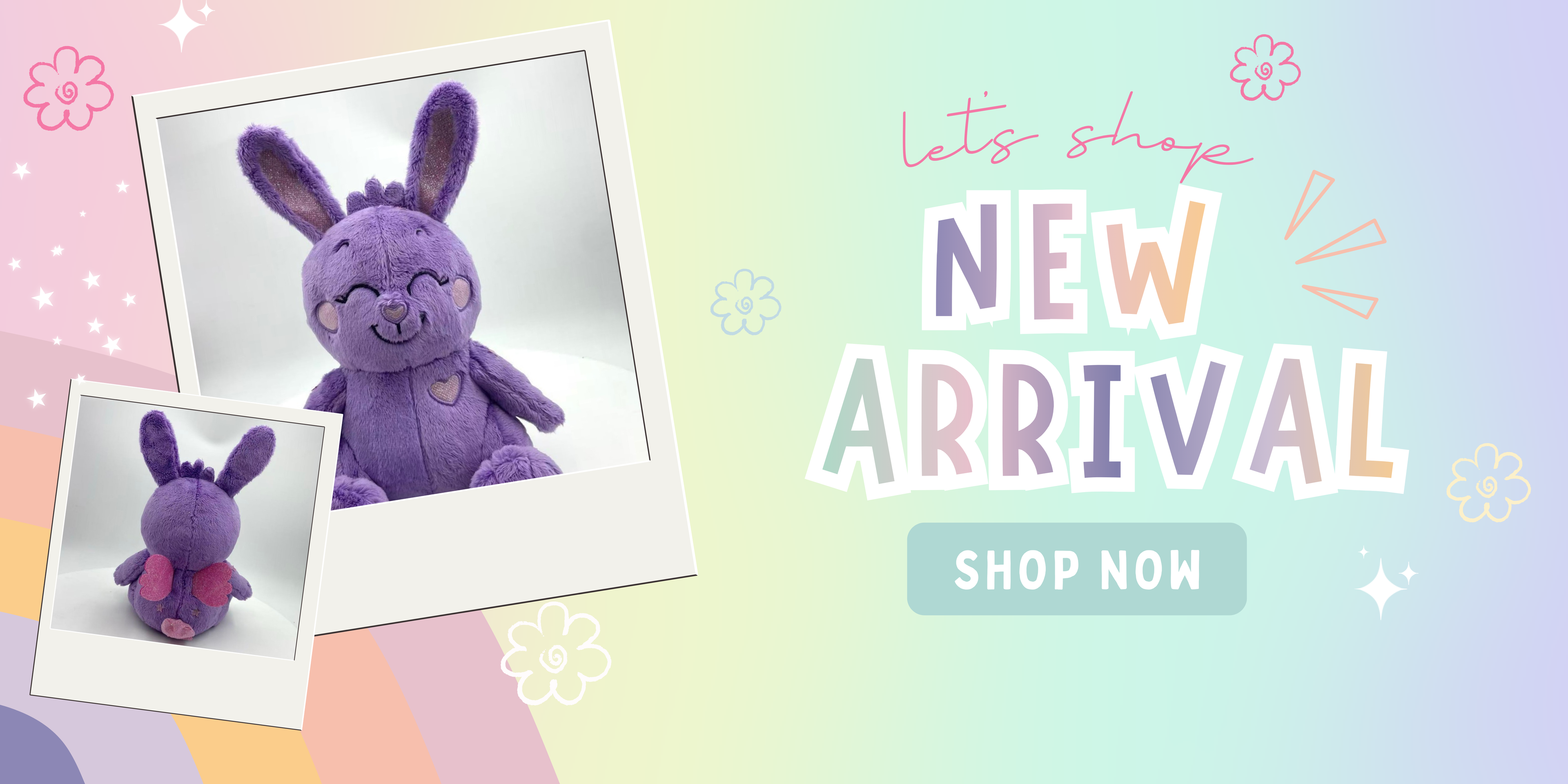 Purple plush bunny toy with 'New Arrival' text and 'Shop Now' button on a colorful background