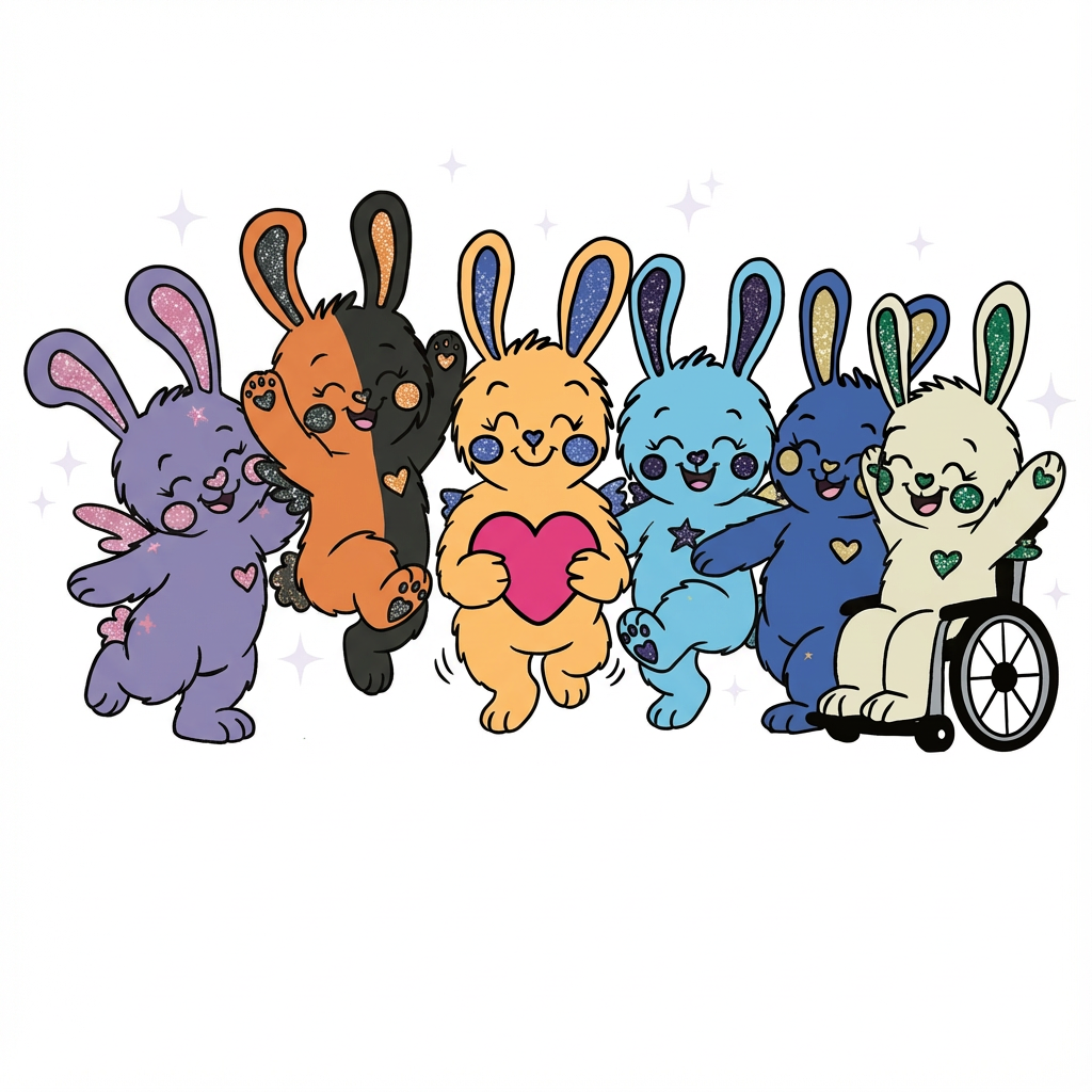 Colorful cartoon bunnies with a heart and one in a wheelchair on a white background