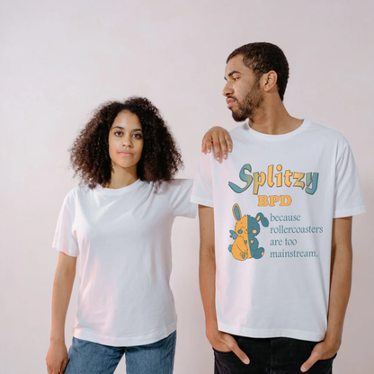 Two people wearing white t-shirts with a graphic design and text.