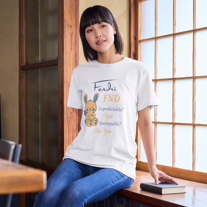 Person wearing a white t-shirt with a graphic design and text, sitting in a room with wooden furniture and a window.