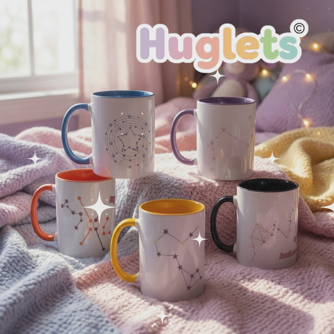 5 mugs different colours soft pastel constellations 