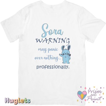 White t-shirt with blue graphic and text on a white background