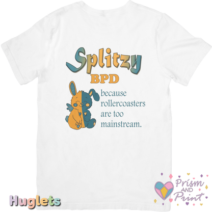 White t-shirt with colorful graphic and text on a white background