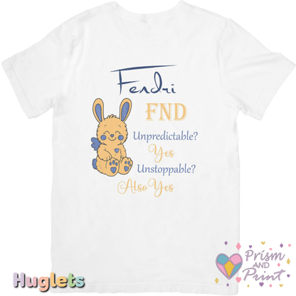 White t-shirt with a cartoon bunny and text on a white background