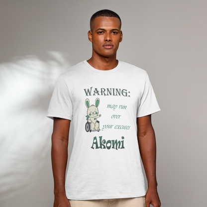 Man wearing a white t-shirt with a graphic and text, standing against a plain background